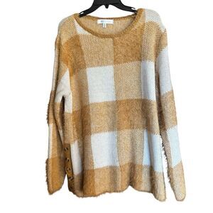 Fever Sweater Womens 2X Multicolor Patchwork Plaid Fuzzy Shaggy Pullover Stretch